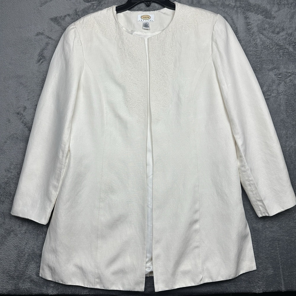 Talbots Petites Blazer Women's Size 16 Off-White Silk Linen Embroidered Detail